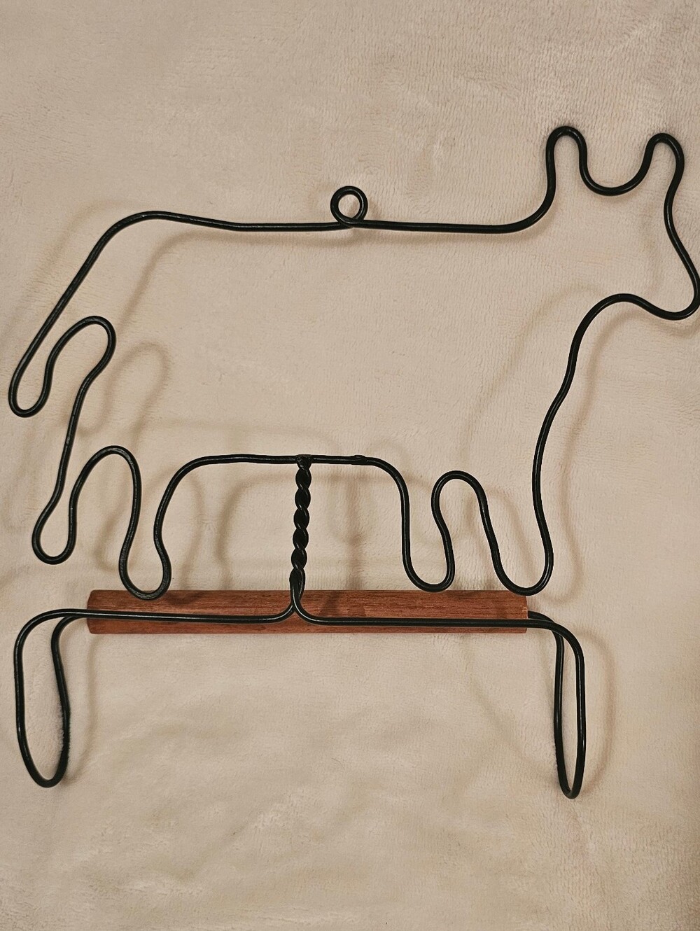 Vintage Cow Black Metal Wall Rack Wooden Dowel Towel Quilt Textile Holder